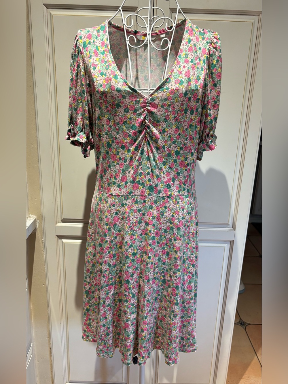 Boden puff-sleeve jersey dress pink green floral print size 6R